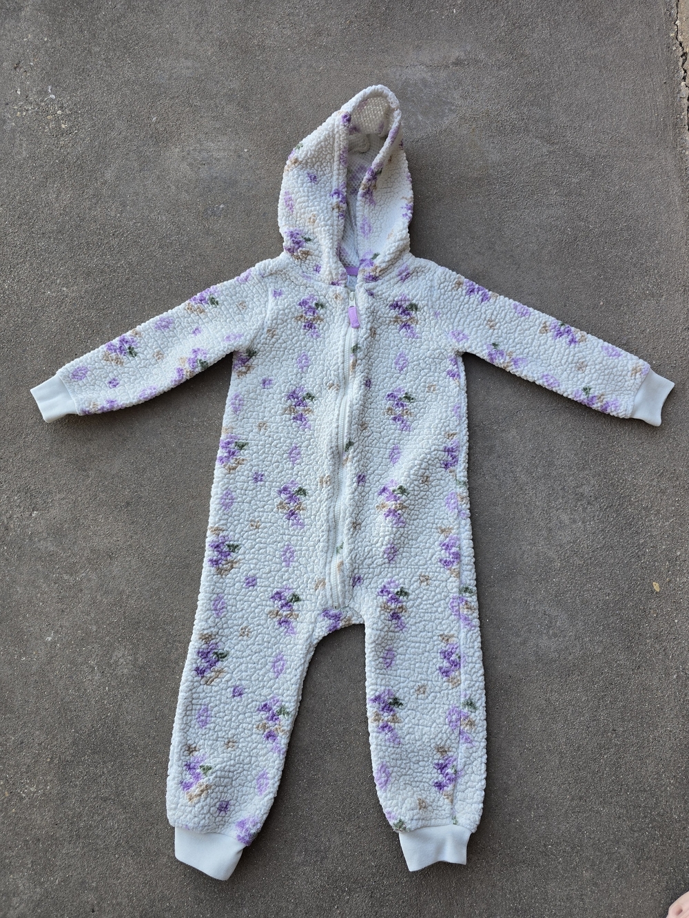 Carter's Girl's White Hooded Fleece One-Piece with Purple Floral Print Size 24M